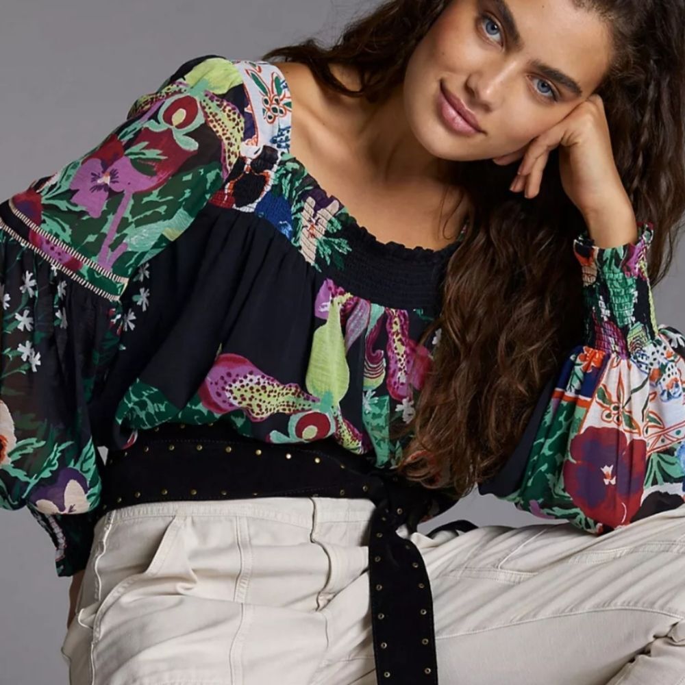 Anthropologie Lil Sire Puff Sheer-Sleeved Floral Tropical Blouse Size S